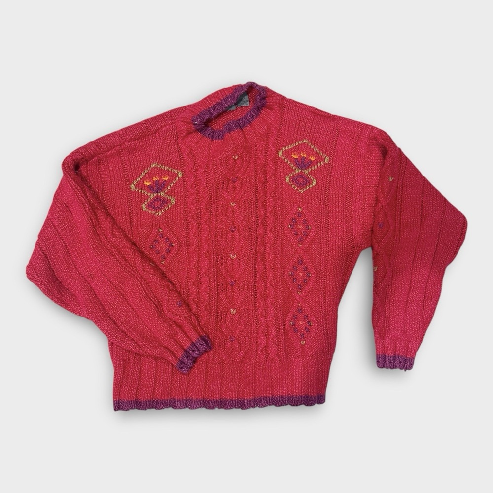 LizWear L Red Cable Knit Ramie Cotton Chunky Sweater Light Academia Cabincore
